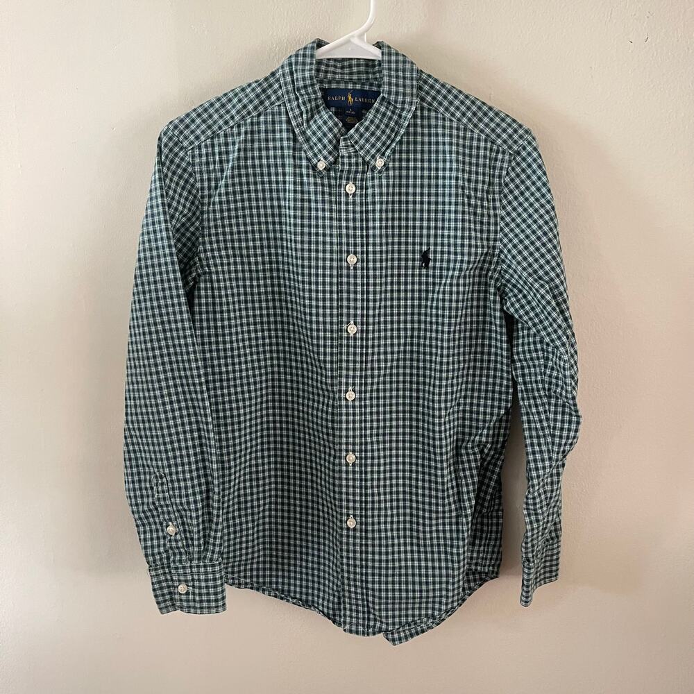 Ralph Lauren Boys Large 14/16 Green Blue Gingham Button Down Shirt Sleeve